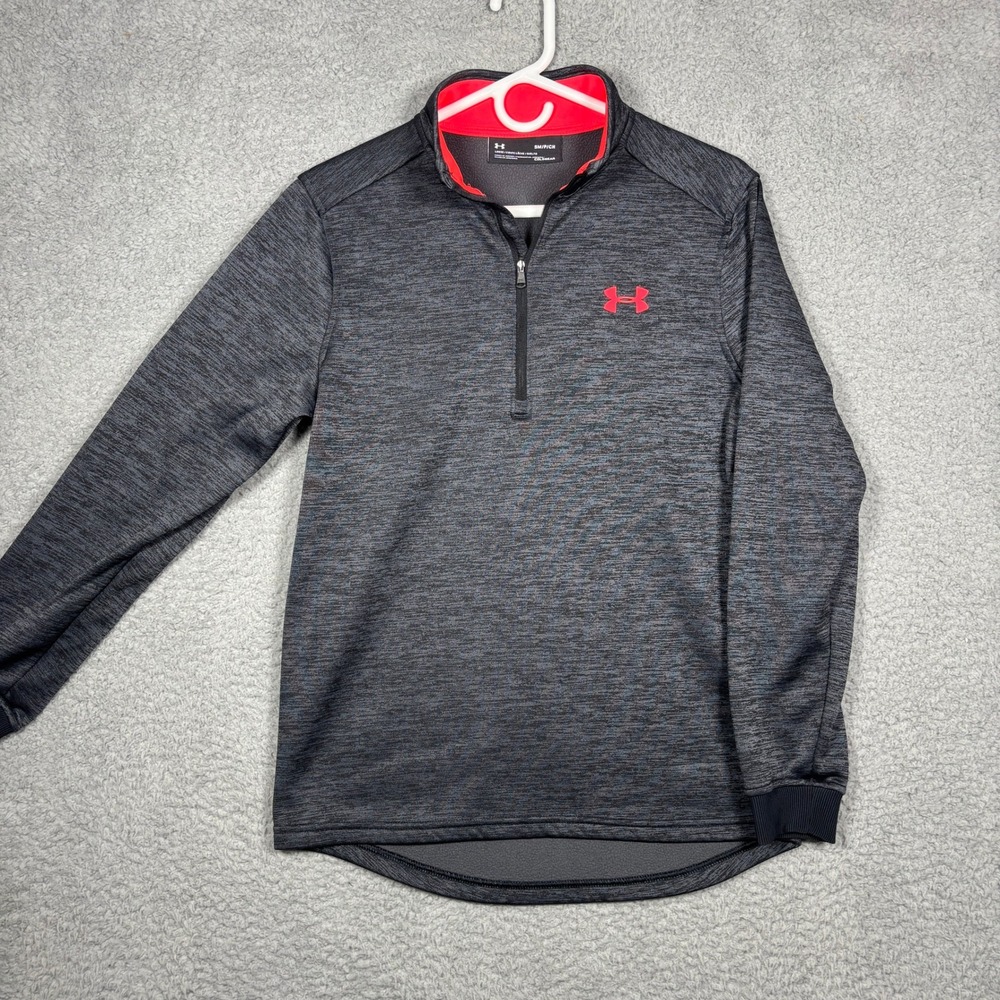 Under Armour ColdGear Mens Small Gray Red Quarter Zip Fleece Pullover Loose Fit